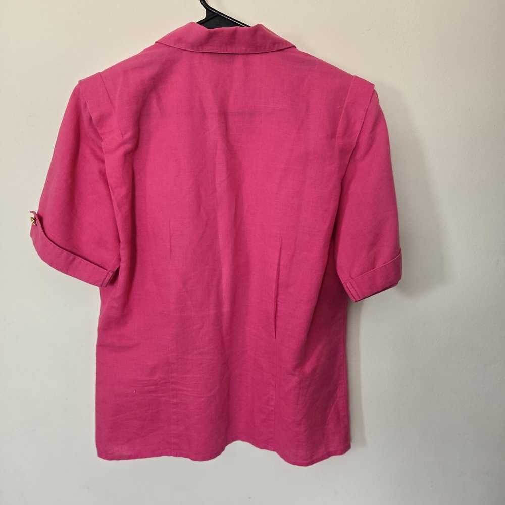 Bright Pink Gold Crown Button Blouse 80s Vintage Ramie Cotton Blend. Cuff Sleeve - Picture 7 of 7
